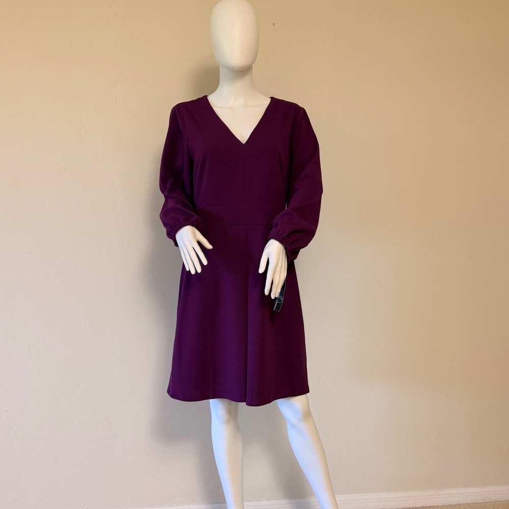 NWT Maggy London Purple V-Neck Bishop Sleeve Fit and Flare Dress Size 12